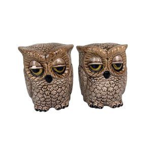 Vintage Sleepy Owl Double Sided Ceramic Salt & Pepper Shakers Large w/ Stoppers
